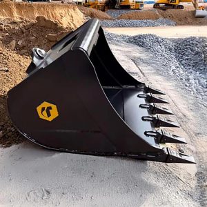 Quick Hitch Mini Excavator Bucket sitting on a pallet at a construction site.