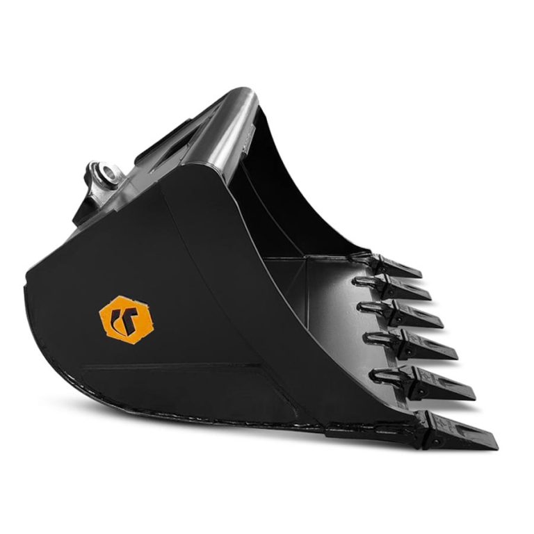 Quick Hitch Mini Excavator Bucket with teeth, viewed from the side.