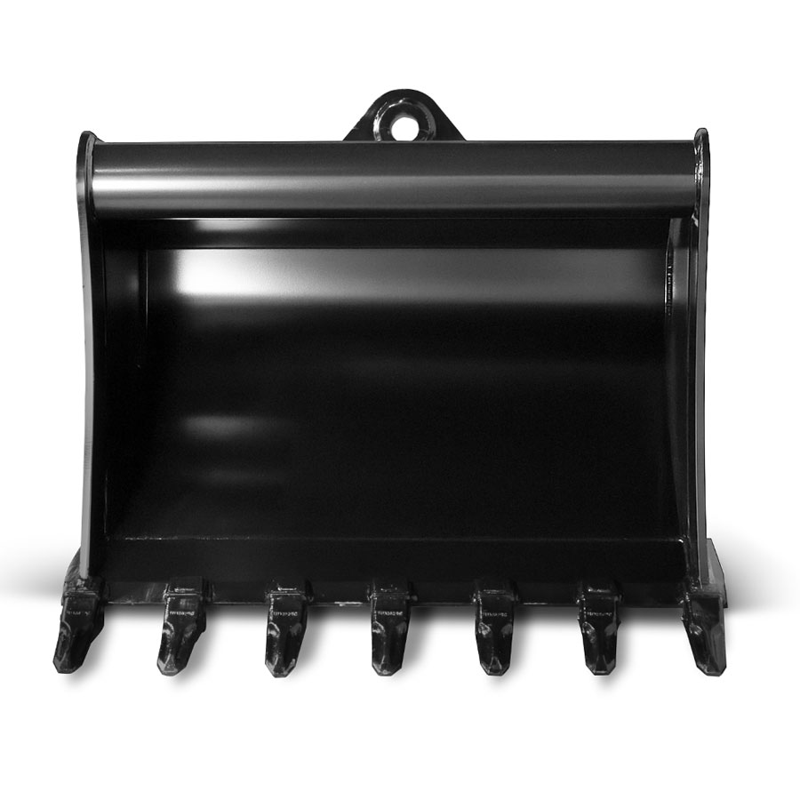 Quick Hitch Mini Excavator Bucket with teeth, viewed from the front.